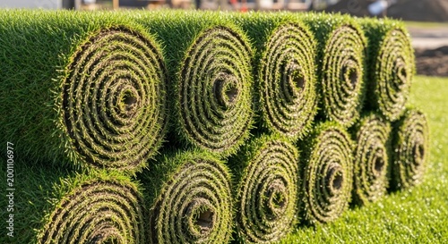 Laying a new grass surface using high quality green turf rolls in a sunny summer garden.