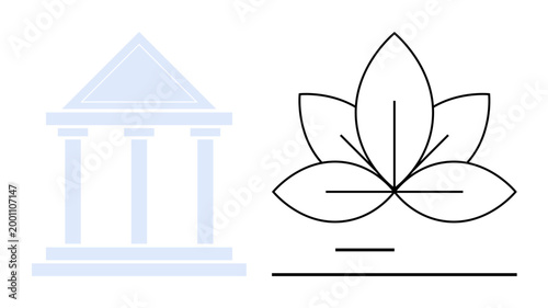Education, balance, nature, tradition, serenity, sustainability. A classical building symbol and lotus flower outline on a white background. Balance and nature harmony concepts