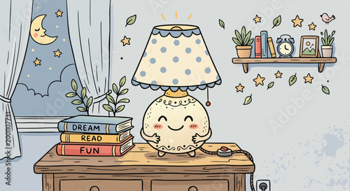 Whimsical cartoon lamp illuminates a cozy nightstand adorned with books and moonlight dreams.