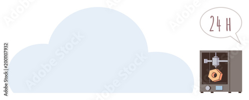 Cloud storage, 3D printing services, rapid manufacturing, technology advancement, innovation, production efficiency. A 3D printer producing an object with a cloud background. Cloud storage and 3D