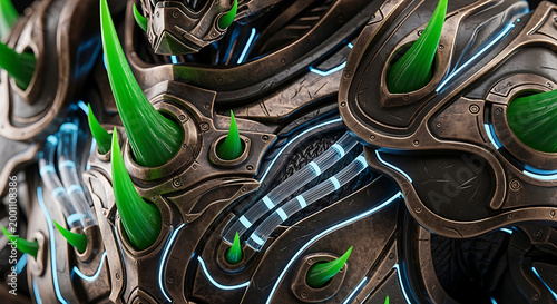 Cinematic Close Up of Futuristic Dark Metal Armor with Neon Blue Energy Tubes and Sharp Glowing Green Spikes Biomechanical SciFi Warrior Exoskeleton Suit