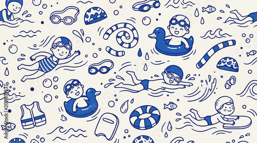 Seamless pattern with hand drawn doodle of children swimming and playing in water with goggles and inflatable toys