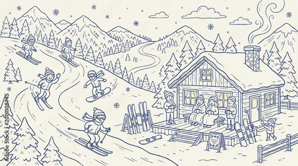 Fototapeta premium Winter ski resort scene with people skiing and snowboarding near a cozy mountain cabin in doodle line art style