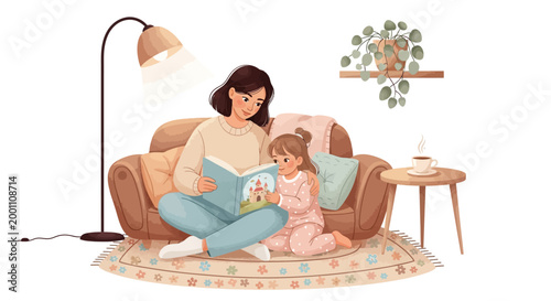 A mother and daughter are depicted in a cozy illustration, celebrating International Mother's Day by reading a storybook together on a sofa in a warm living room setting with soft, inviting