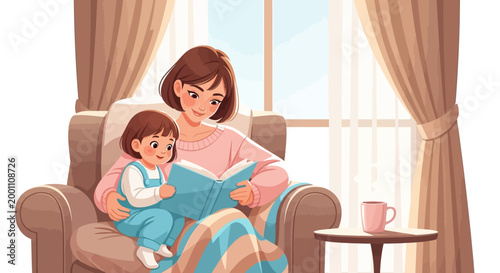 Celebrating International Mother's Day with a heartwarming illustration of a young mother reading a story to her child in a cozy armchair by the window, depicted in a soft, pastel color