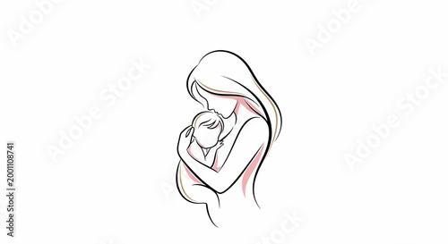 Elegant line art for International Mother's Day depicts a tender moment of a mother cradling her baby in her arms, with soft pink accents enhancing the warmth against a stark white