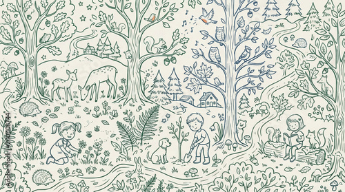Forest nature scene with children playing and woodland animals in doodle line art style