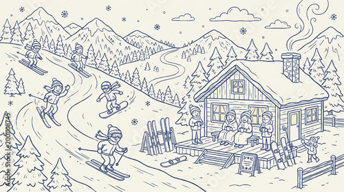 Winter ski resort scene with people skiing and snowboarding near a cozy mountain cabin in doodle line art style