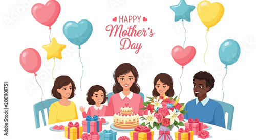 A happy family celebrates International Mother's Day at a table with gifts and cake, depicted in a bright, cheerful illustration with balloons and star shapes against a clean white