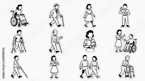 Set of black and white stickers representing diverse people with disabilities including wheelchair users, seniors with canes, and prosthetic limb users