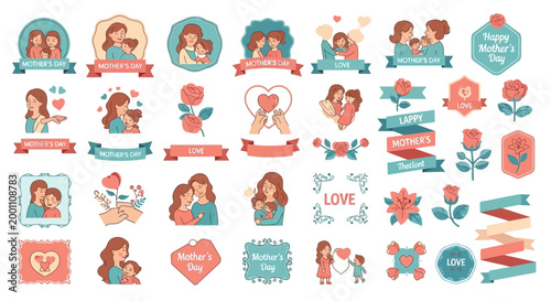 A flat lay of International Mother's Day vector art featuring mothers and children in affectionate embraces, presented against a clean white backdrop with soft pastel colors and decorative