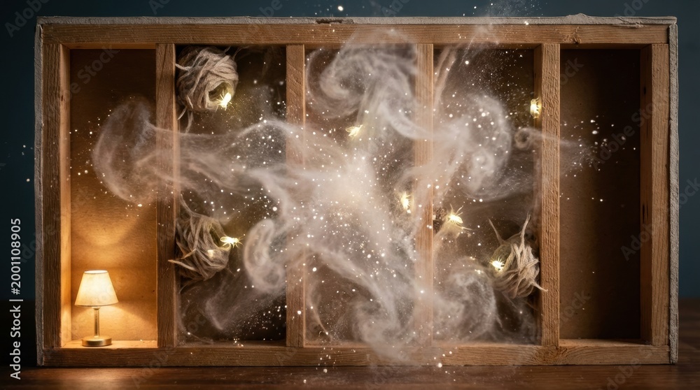 Obraz premium White smoke fills a wooden wall structure to eliminate pests. Conceptual representation of fumigation and pest management. Suitable for home maintenance or extermination services.