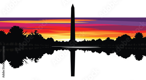 Washington monument silhouette against vibrant sunset and reflection in reflecting pool
