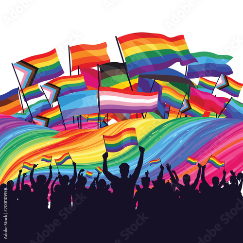 LGBTQ pride parade vector illustration, crowd of people silhouettes with rainbow flags, colorful pride month celebration event background