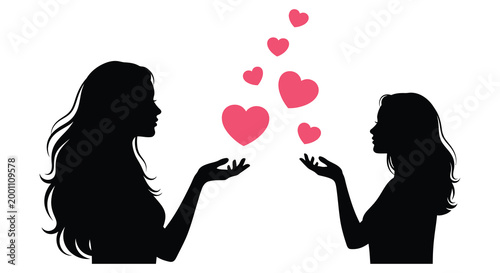 Silhouettes of two women with floating hearts a romantic and loving connection