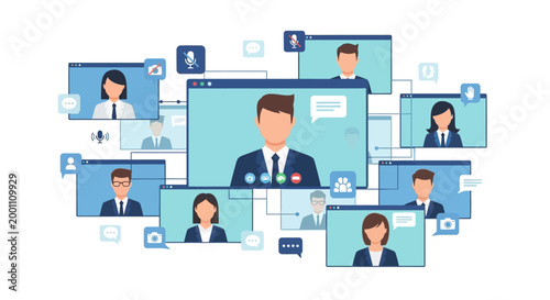 Virtual meeting illustration showing diverse people video conferencing on multiple screens, with a flat design style and light blue tones, against a white background for remote