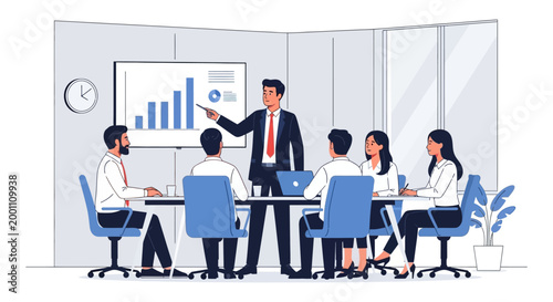 Illustrated business meeting scene featuring a manager presenting a bar graph on a screen to his team in a bright office, rendered in a flat, vector style with blue and white tones