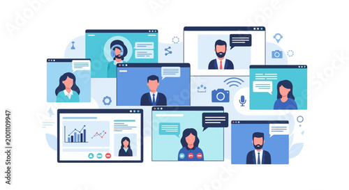 Illustrated vector collage depicting diverse people video conferencing on laptops and tablets against a clean white backdrop, conveying a modern and connected communication experience