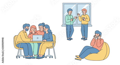 Line art illustration of a diverse group of young professionals collaborating around a laptop at a table while two colleagues chat by the window and another relaxes in a beanbag chair
