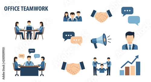 Business-themed vector illustration featuring diverse professional icons, including teamwork, communication, and growth, set against a clean white background with a flat design style