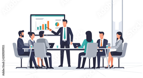 Diverse team of business professionals gathered around a conference table, with a presenter gesturing to a graph on a large screen in a bright, minimalist office, conveying a sense