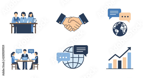 Illustrated business graphics showcase teamwork, global communication, and growth, depicted with a clean, flat design aesthetic in light blue and white against a plain background