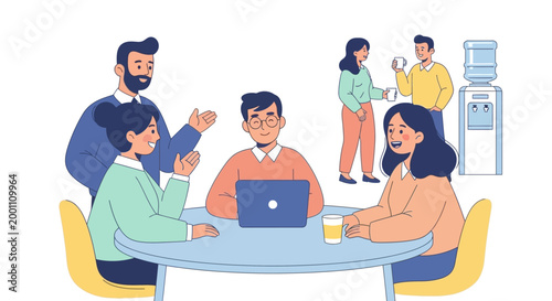 Diverse office team having a meeting around a blue round table, with one worker using a laptop, and another group near a water cooler against a clean white background
