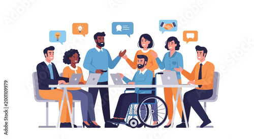 Diverse team brainstorming ideas in a modern office, with a person in a wheelchair participating, depicted in a flat vector illustration with speech bubbles and a bright, clean white