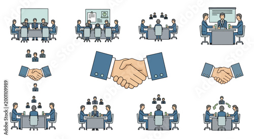 A collection of business meeting icons features handshake symbols and groups of people collaborating around tables in a flat illustration style, conveying a sense of teamwork and agreement