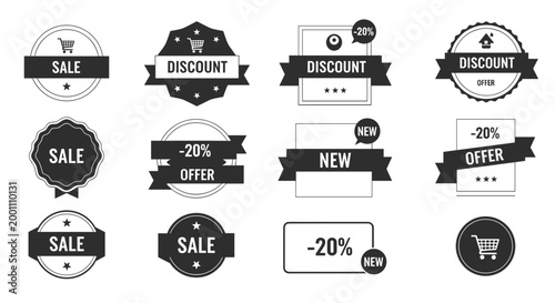 Black and white discount sale labels.