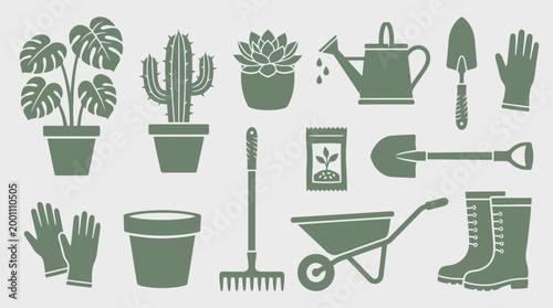 Gardening Icons Set in Flat Silhouette