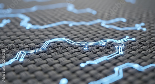 Futuristic Smart Fabric Texture with Glowing Blue Digital Circuitry and Electronic Pathways Representing Wearable Technology and Advanced Nanotechnology Materials