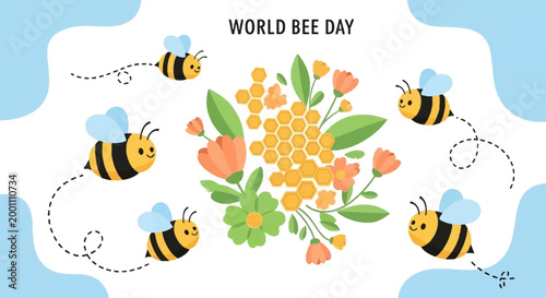 Cheerful cartoon bees are depicted flying around a bouquet of flowers and honeycomb in a celebratory illustration for World Bee Day, set against a wavy light blue and white background