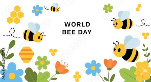 Illustrated World Bee Day graphic features cartoon bees buzzing around colorful flowers and honeycomb against a white background, creating a cheerful and inviting design with a focus