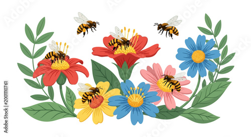 Illustration showing multiple bees pollinating colorful flowers with a flat lay composition, set against a clean white background, conveying a vibrant and nature-filled scene
