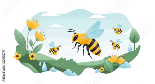 Illustration of a honeybee flying among several other bees and yellow flowers in a lush green field against a backdrop of rolling hills, rendered in a colorful, cartoonish style