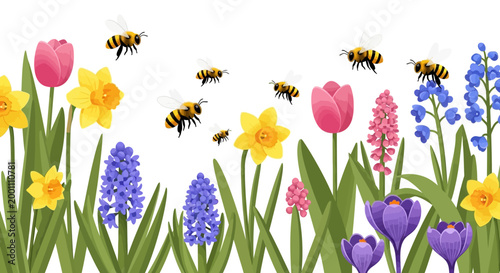 Illustration of buzzing bees flying over a colorful flower garden featuring tulips, daffodils, hyacinths, and crocuses against a clean white background, rendered in a bright, cheerful