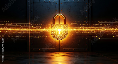 Golden Glowing Padlock on a Dark Vault Door Representing Digital Cyber Security Data Protection and Advanced Encryption Network with High Tech Light Rays