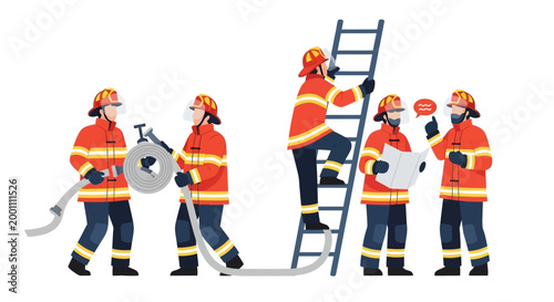 Illustration of a fire brigade team in action, with firefighters handling a hose and climbing a ladder, set against a clean white background with flat vector style and a dominant orange