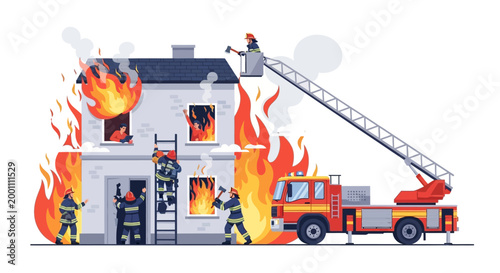 Illustrated scene showing a firefighter brigade on duty, with firefighters battling flames engulfing a two-story house, using ladders and a fire engine's elevated platform against a stark