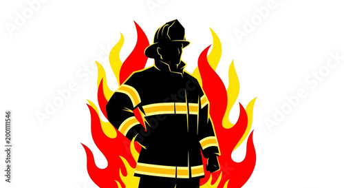 A silhouetted firefighter stands confidently against a backdrop of stylized flames, creating a bold and striking image with a limited color palette in a graphic illustration style, set