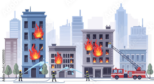 Pixel art illustration showing a firefighter team on duty extinguishing a building fire with water hoses and a fire brigade ladder truck against a city skyline background, with a vibrant