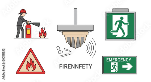 A firefighter uses a fire extinguisher to put out a fire in a diagrammatic illustration alongside emergency exit signs and a sprinkler system against a white background, conveying a sense