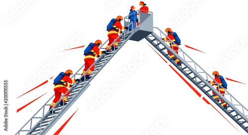 Illustration of firefighters climbing an extended fire truck ladder, wearing red uniforms and safety gear, set against a clean white background with motion lines indicating upward movement