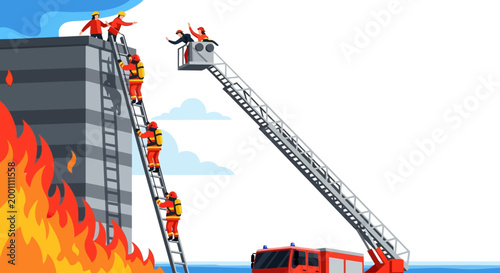 A fire brigade on duty is depicted in a vector illustration, showing firefighters rescuing a person from a tall building via an extended ladder and another ladder with flames billowing