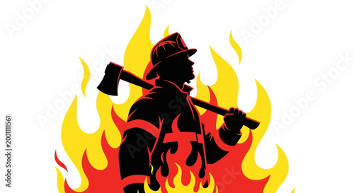 Silhouette of a firefighter bravely standing with an axe against a backdrop of dynamic flames, rendered with a flat, graphic style and bold contrast, evoking a sense of immediate danger