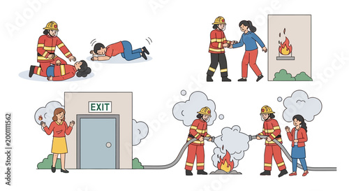A firefighter in uniform performing CPR on an injured woman, extinguishing a fire with a hose, and guiding a person to safety, depicted in a flat vector illustration against a white
