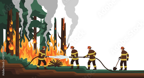 A line of firefighters from the fire brigade work together to extinguish a forest fire with hoses in a graphic illustration against a white background, displaying a strong sense of duty