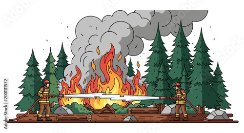 Firefighters in full gear bravely battle a raging forest fire with long hoses and focused determination, amidst tall green pine trees, with billowing gray smoke filling the scene