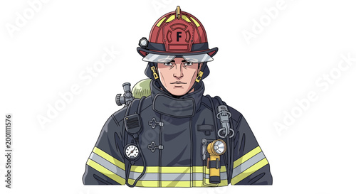 Close-up of a firefighter in full protective gear, including a helmet, oxygen tank, and reflective stripes, against a clean white background, presented in a flat vector illustration